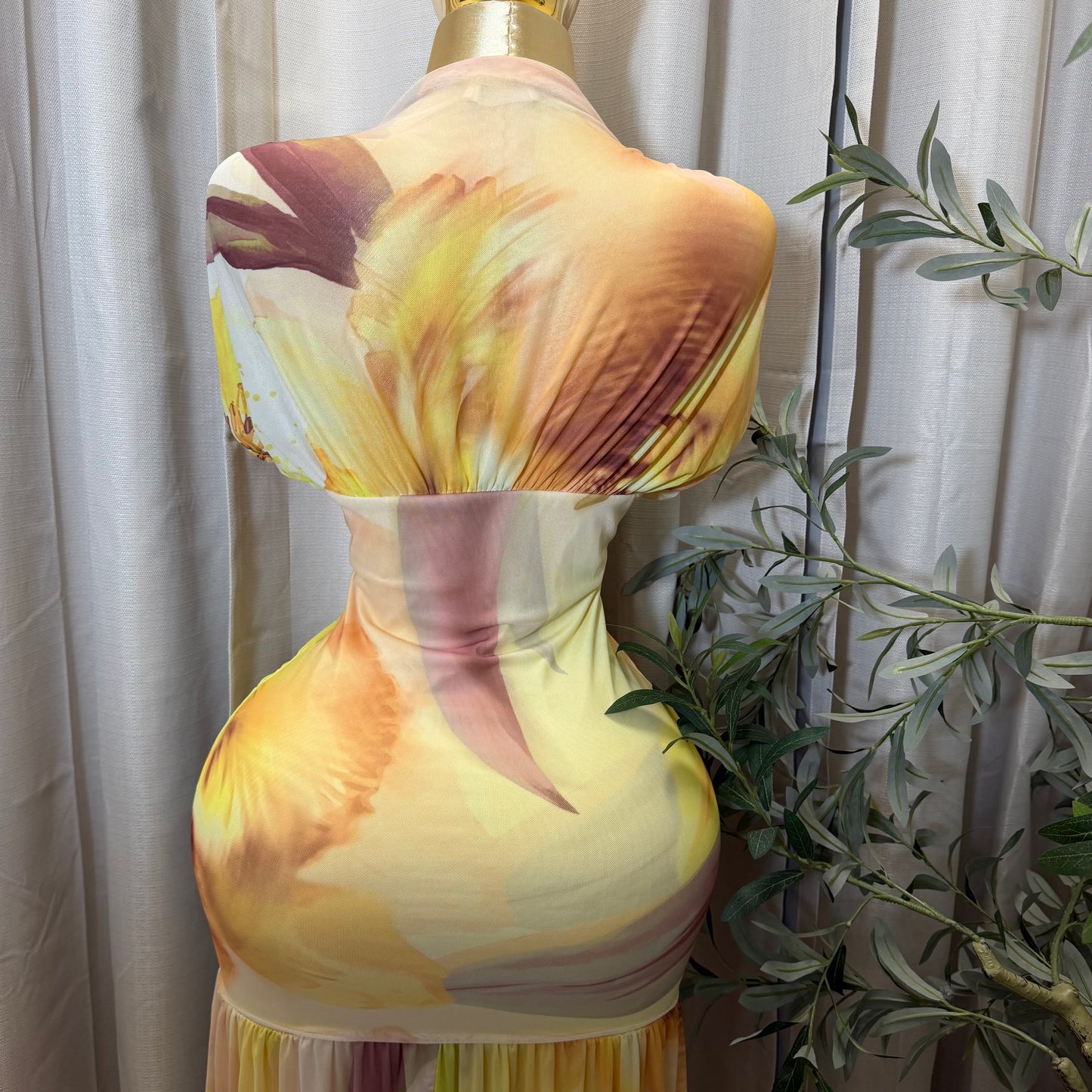 Mesh & Knit Mix Long Dress-Yellow Print