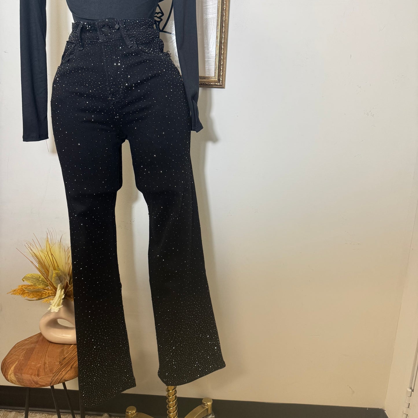 Nye Rhinestone Flare Pants-Black