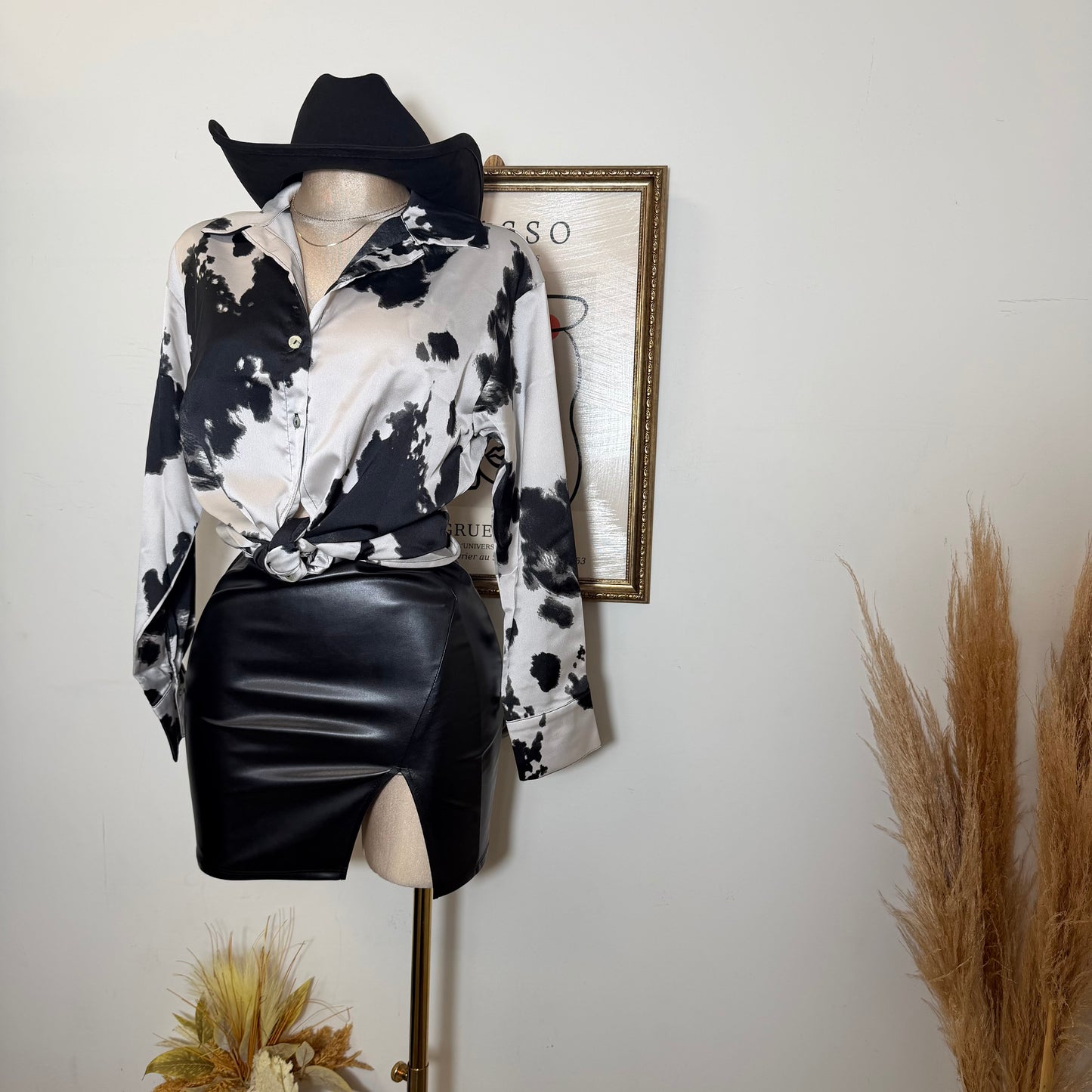 Cow Print Satin Button Down Long sleeve Shirt-Black