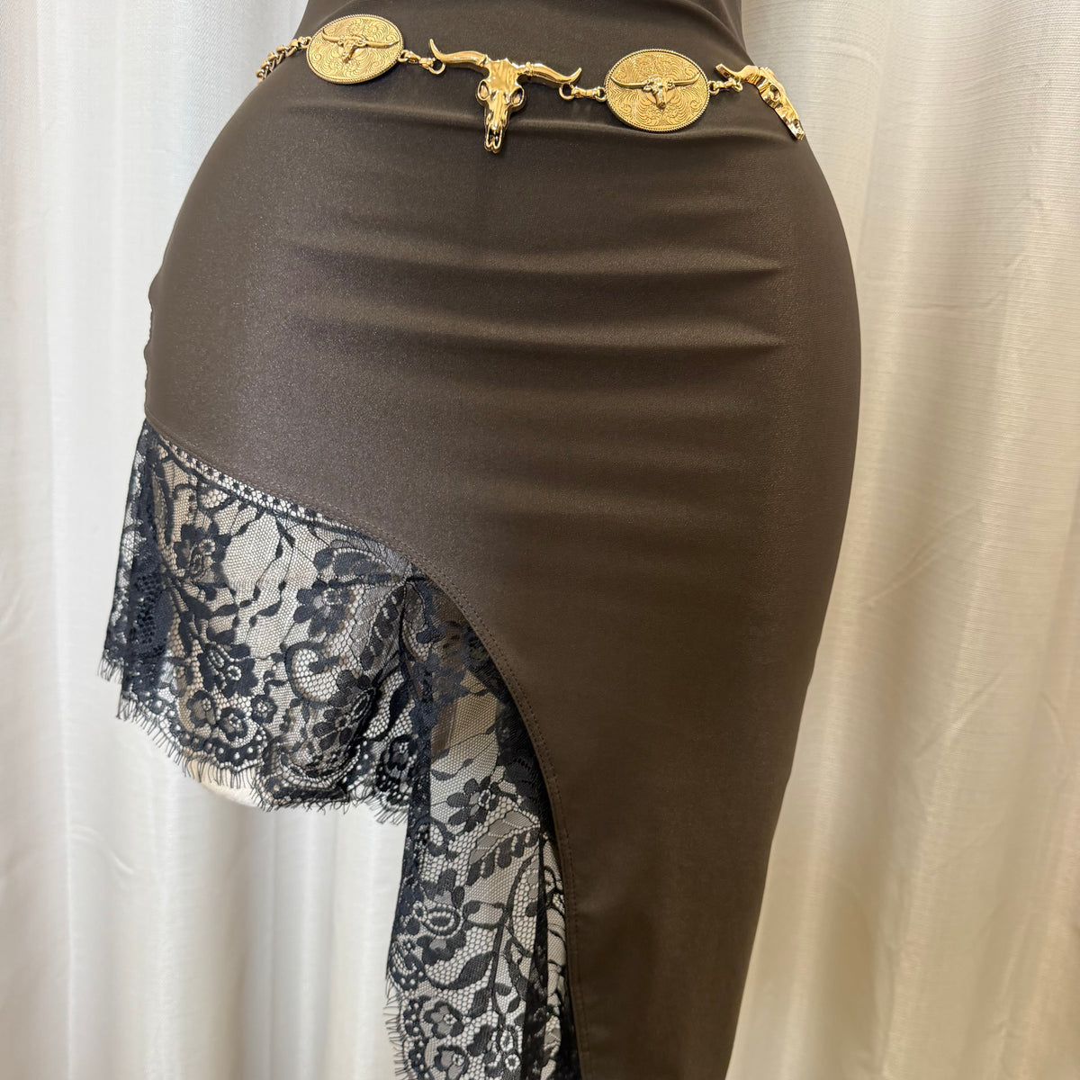 Mock neck Asymmetrical lace Detail Dress-Brown/Black