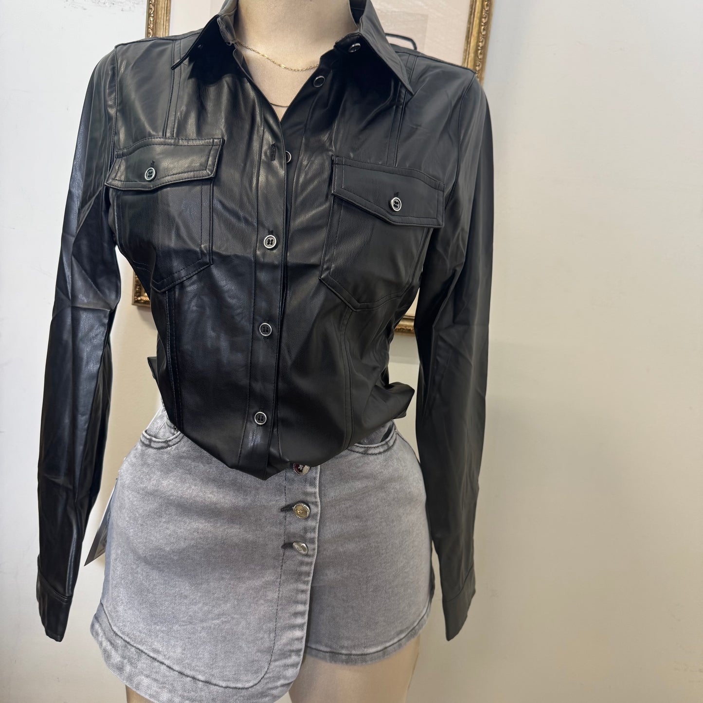 PU Faux Leather Shirt with button closure-Black
