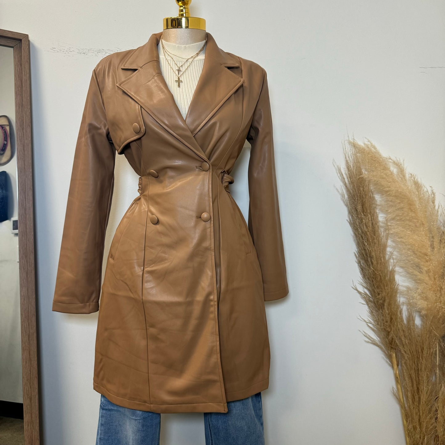 La Cherry PU Long Coat-Camel