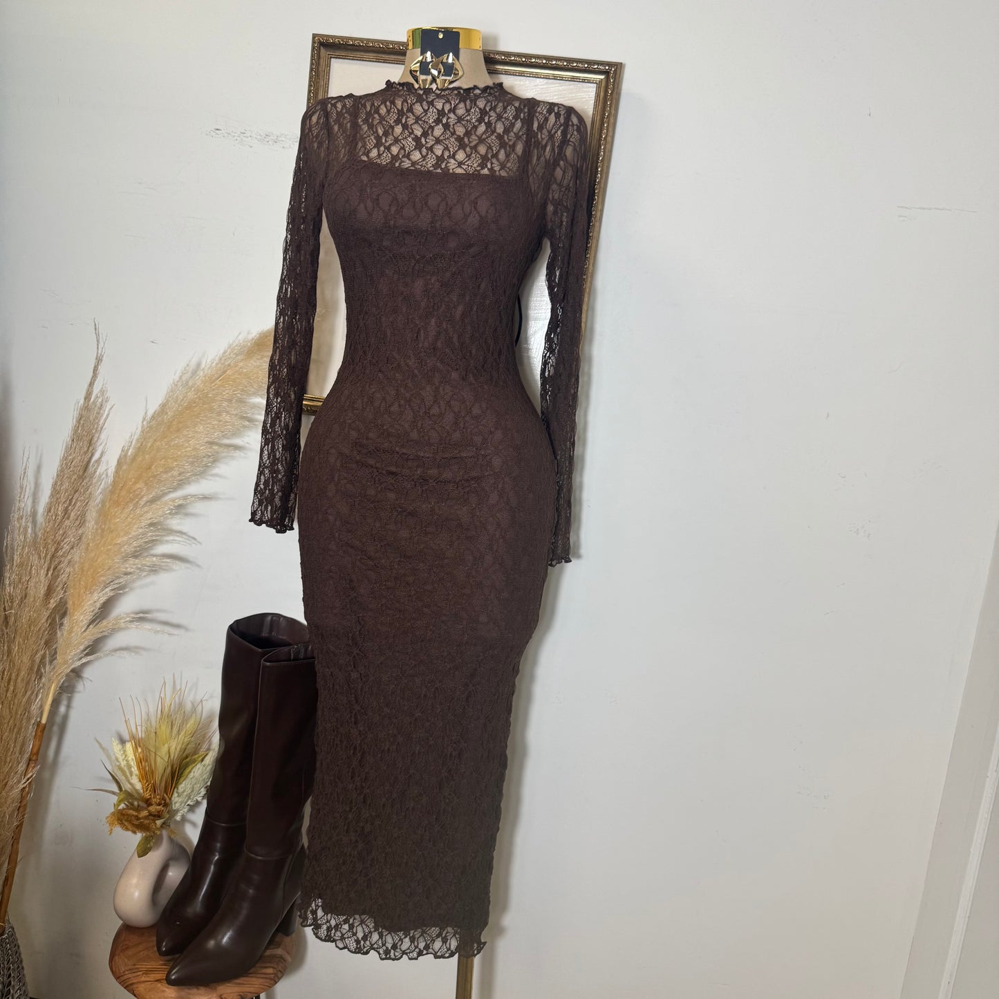 Rosie Lace Midi Dress-Brown