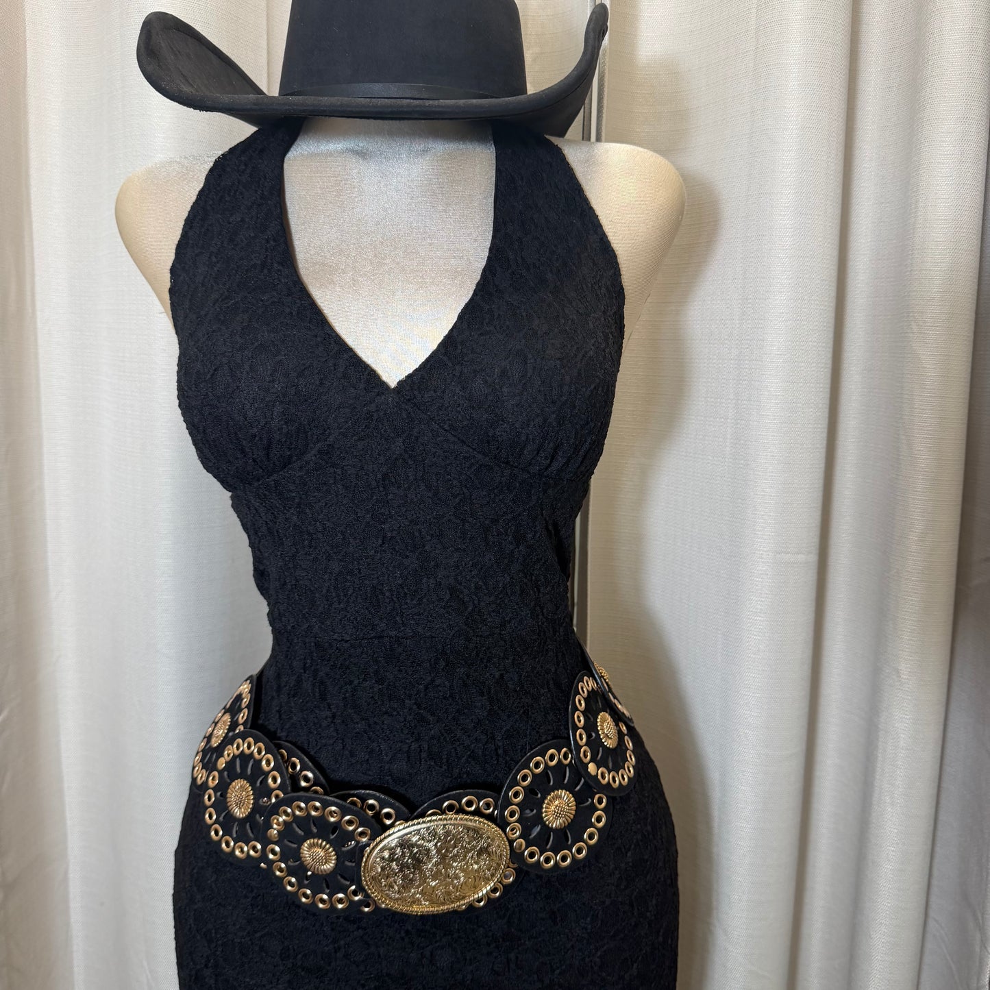 Halter Lace Midi Dress-Black