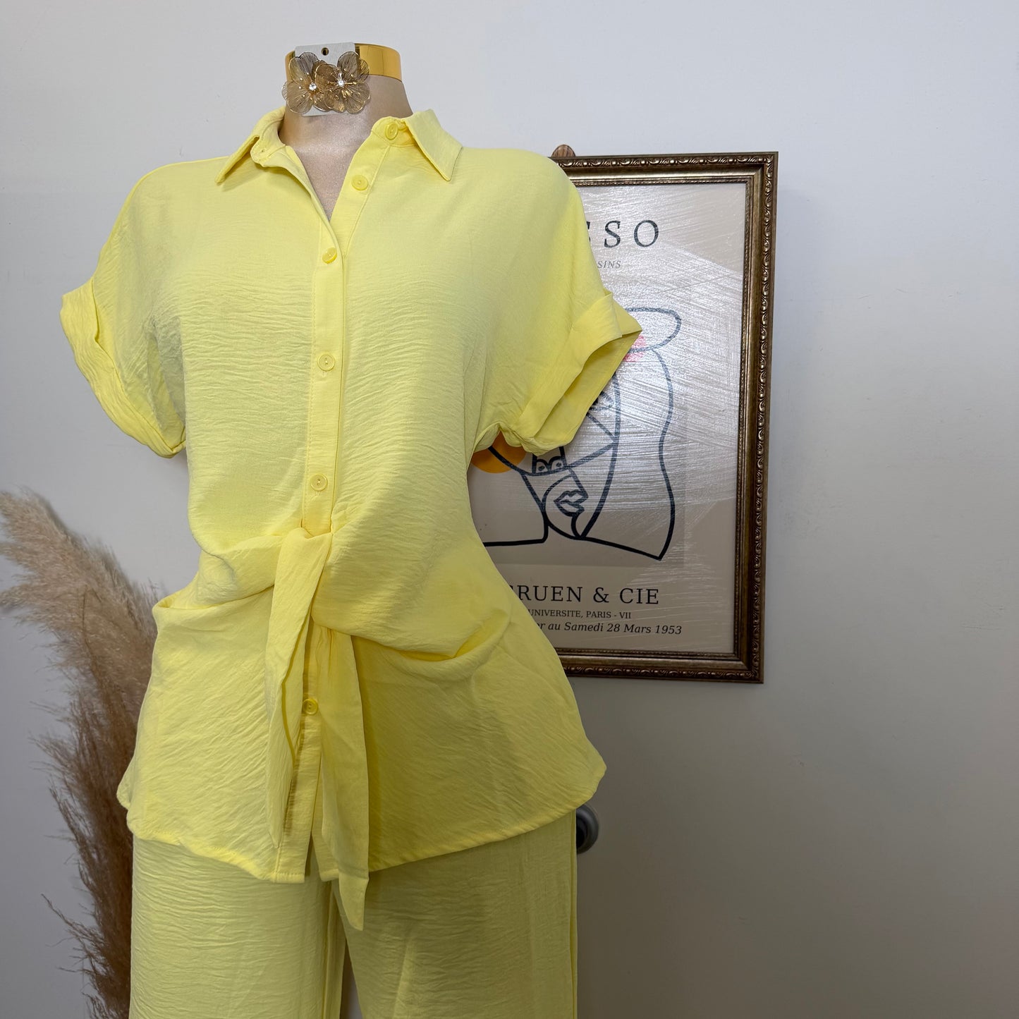 Front Knot Tie Button Down Top and Pants Set-Lt Yellow