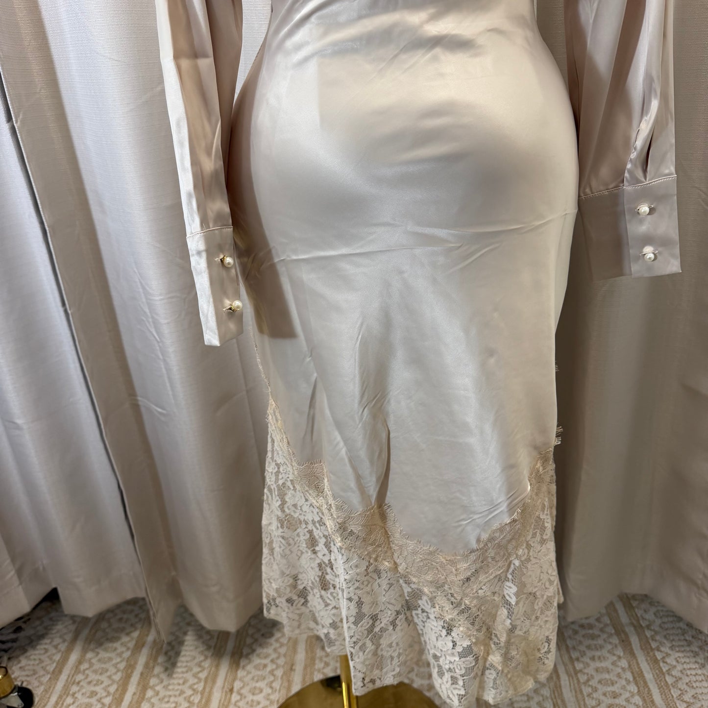 Satin Long Sleeve Top with Lace Skirt-Beige/Cream/White
