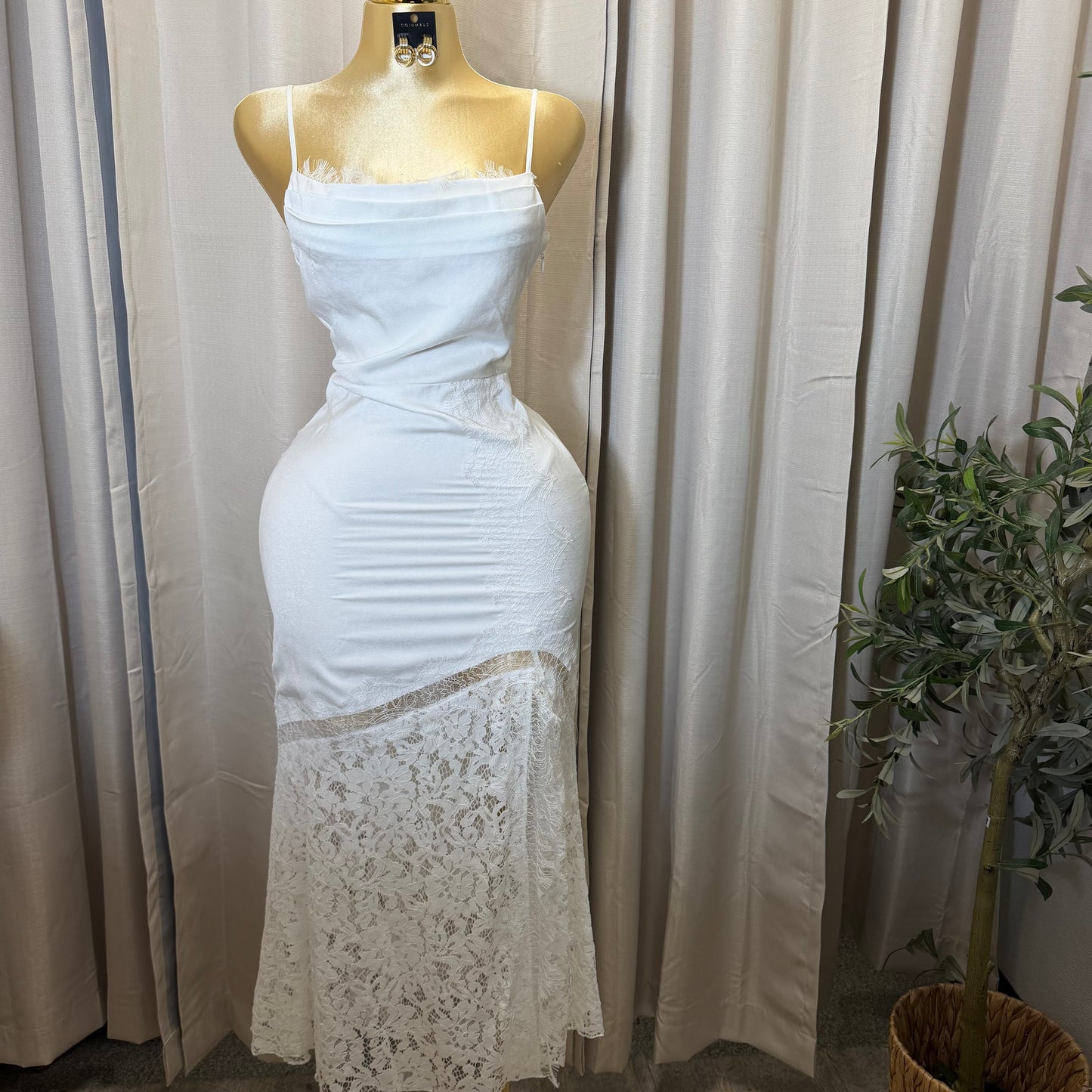 LACE DETAIL SATIN MIDI DRESS-White