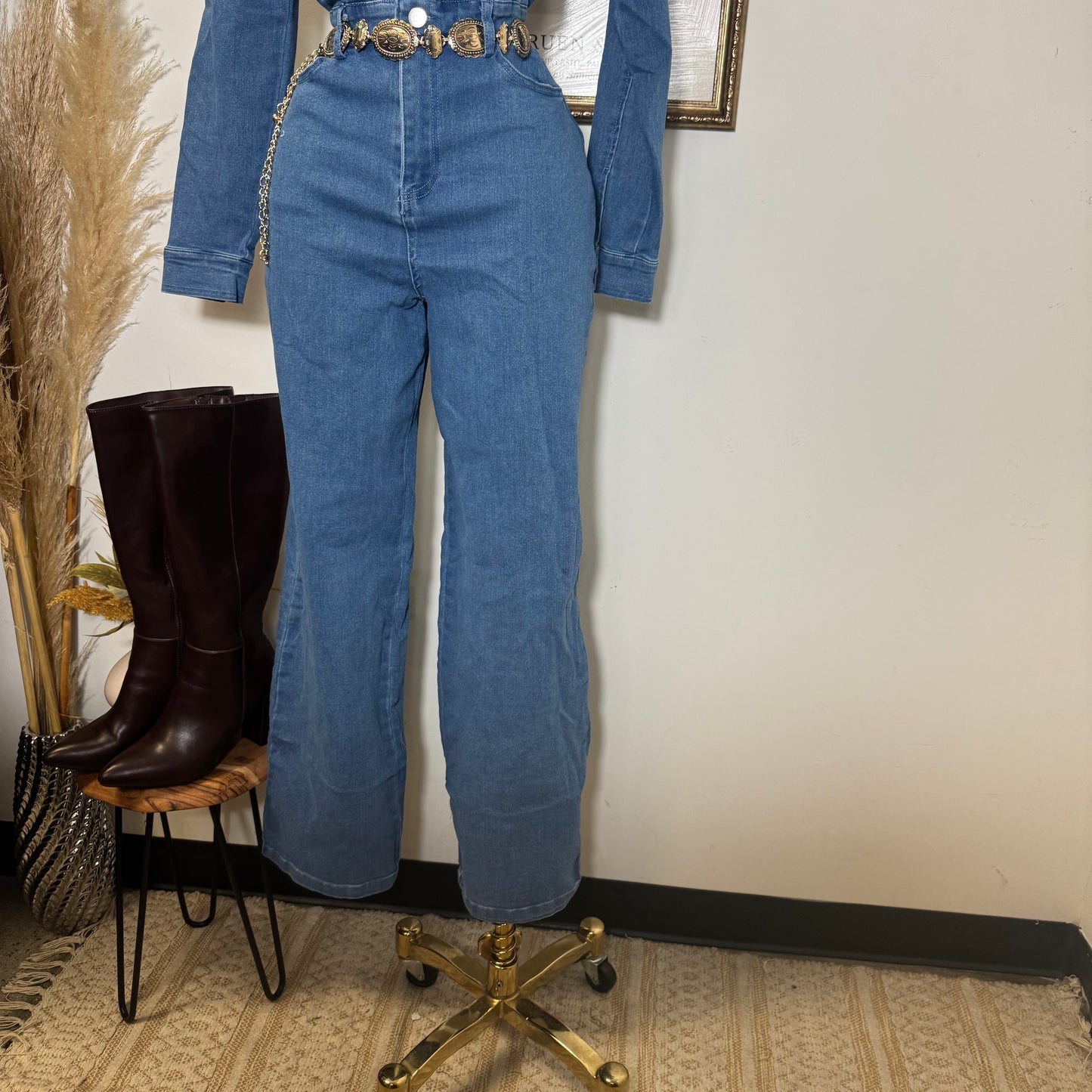 Denim Button Long Sleeve Jumpsuit -Medium Wash