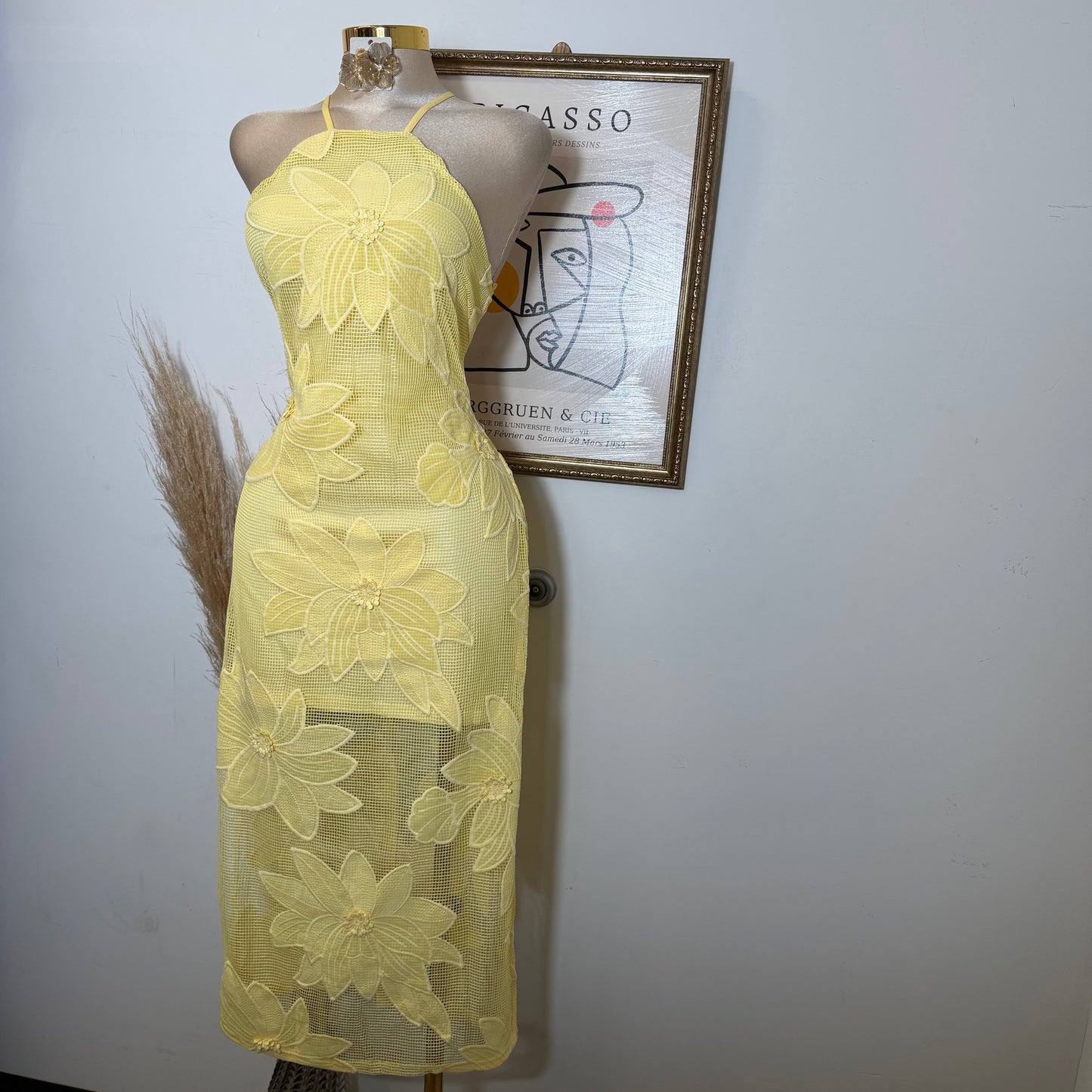 Halter Neck with Lace up back Midi Dress- Yellow