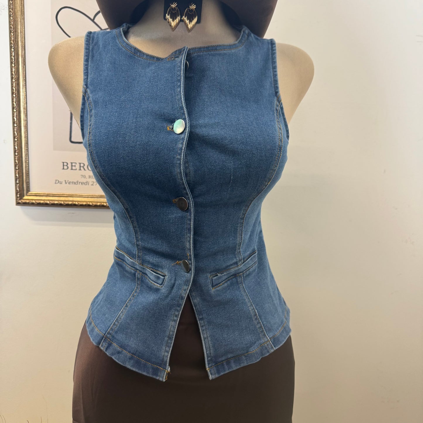 Demin Vest Top Woven-Medium Wash