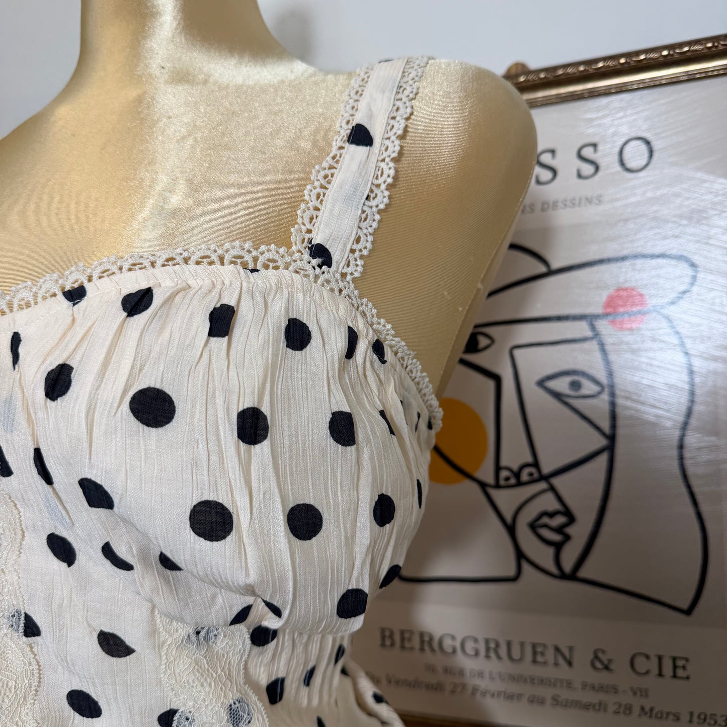 PL-Polka Dot Corset Tank Top with Smocked back- Beige/Black