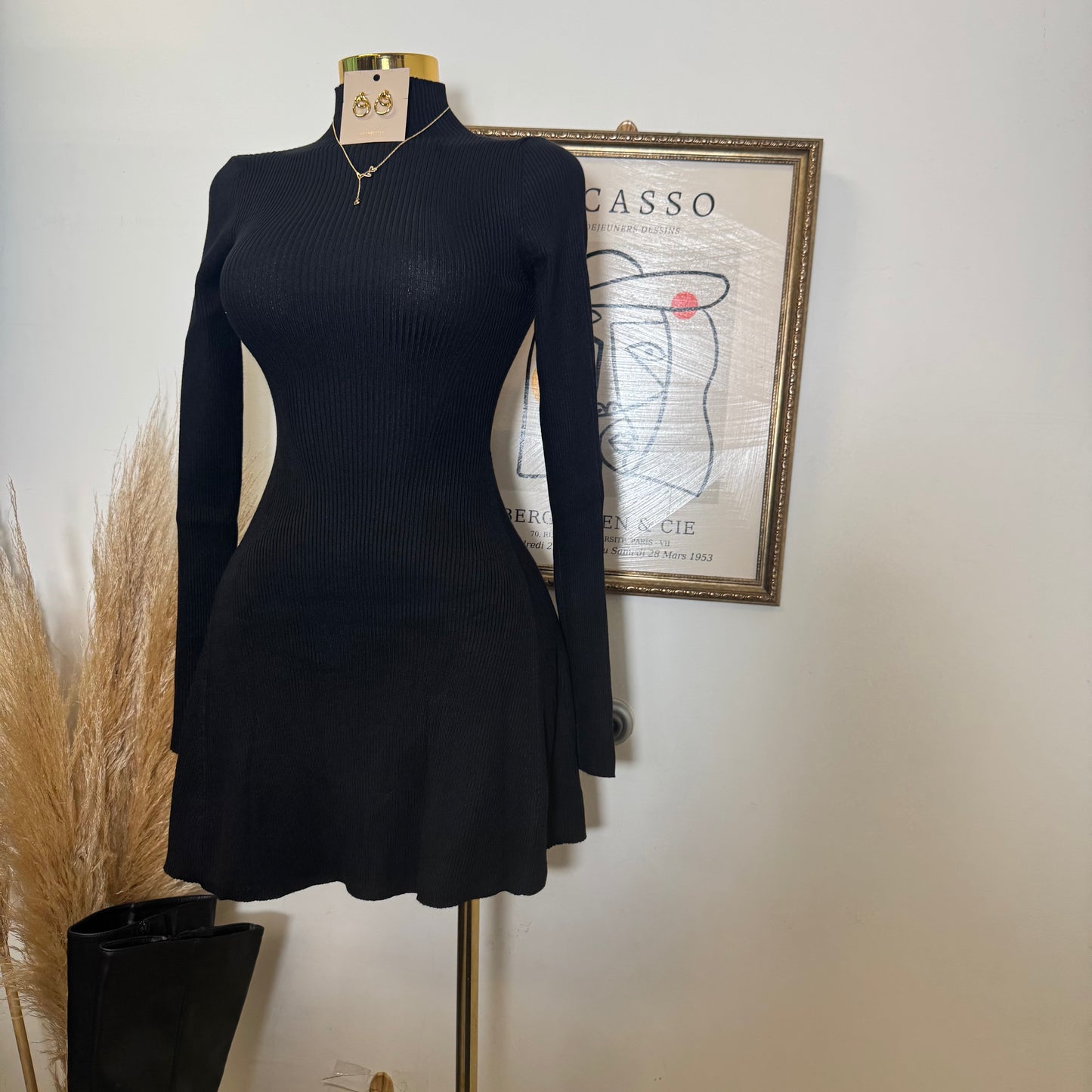 Long Sleeve Sweater Dress-Black