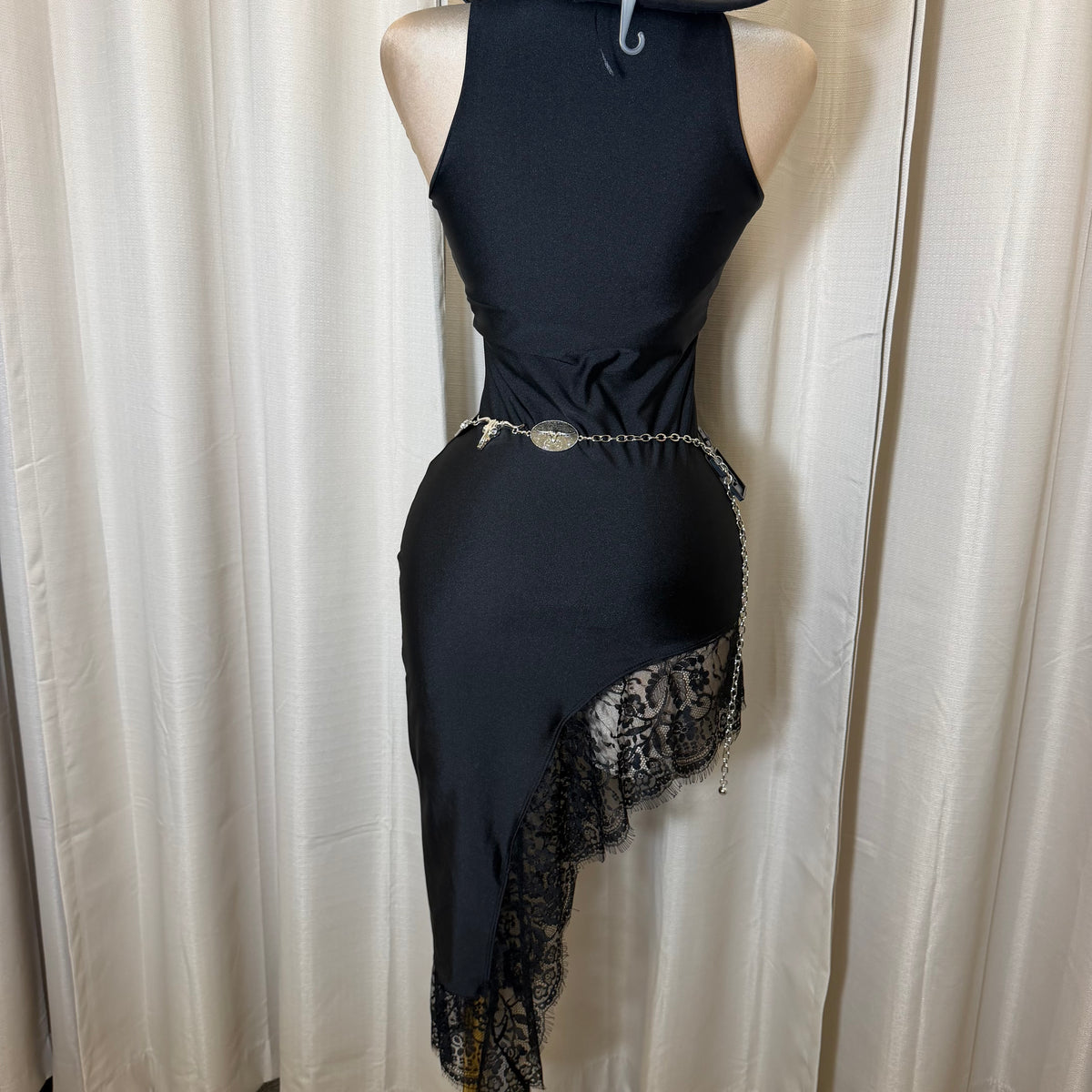 Mock neck Asymmetrical lace Detail Dress-Black