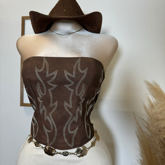 La nena Embroided Western Corset-Brown