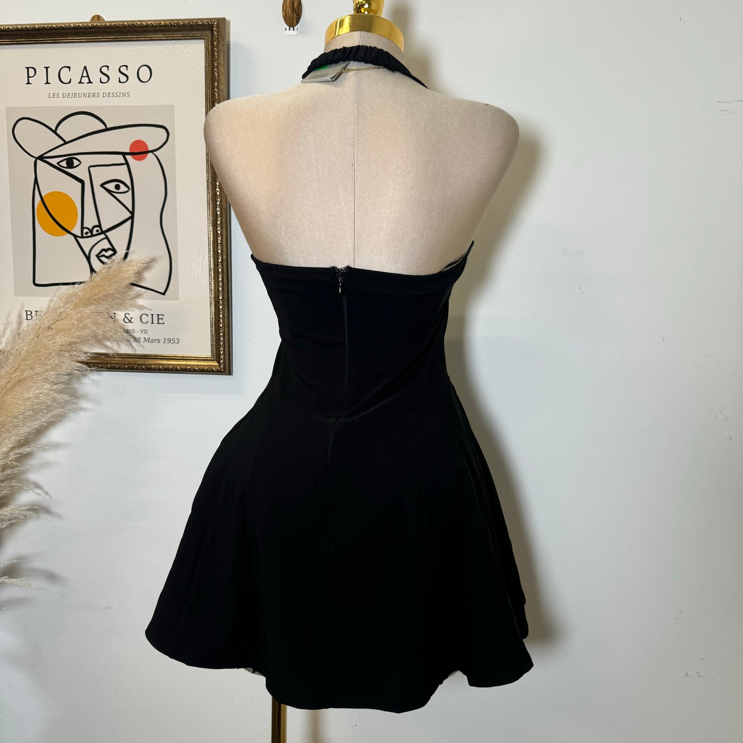 Halter Square Neck Lace Trim Open Flare dress-Black