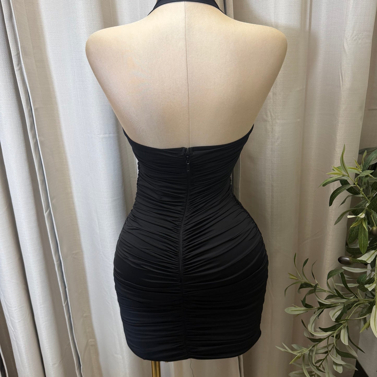 WIRE INSERT HALTER RUCHED MINI DRESS-Black