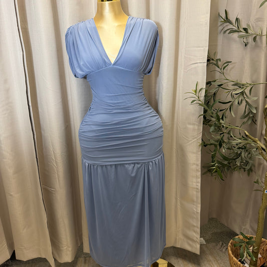 V Neck Mesh Maxi Dress-Denim
