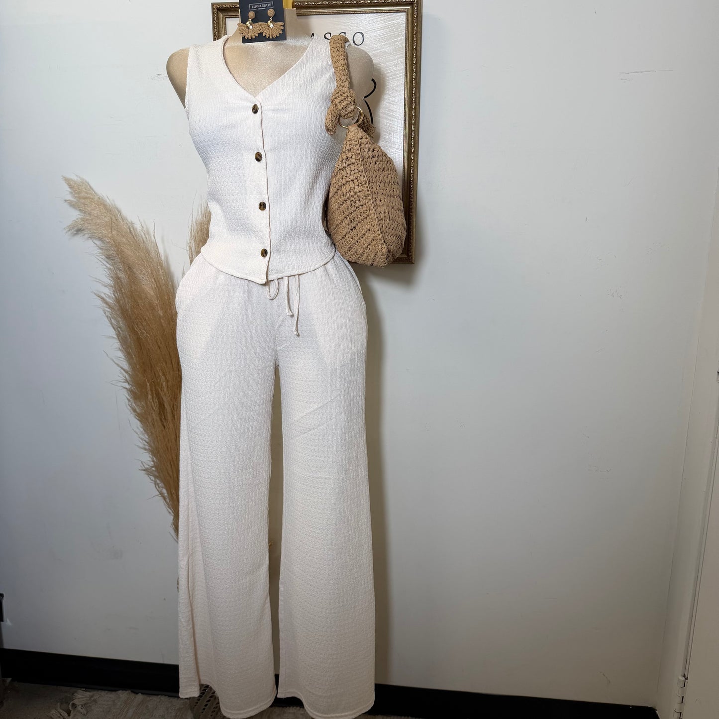 V-Neck Vest & Long pants Sets-Ivory