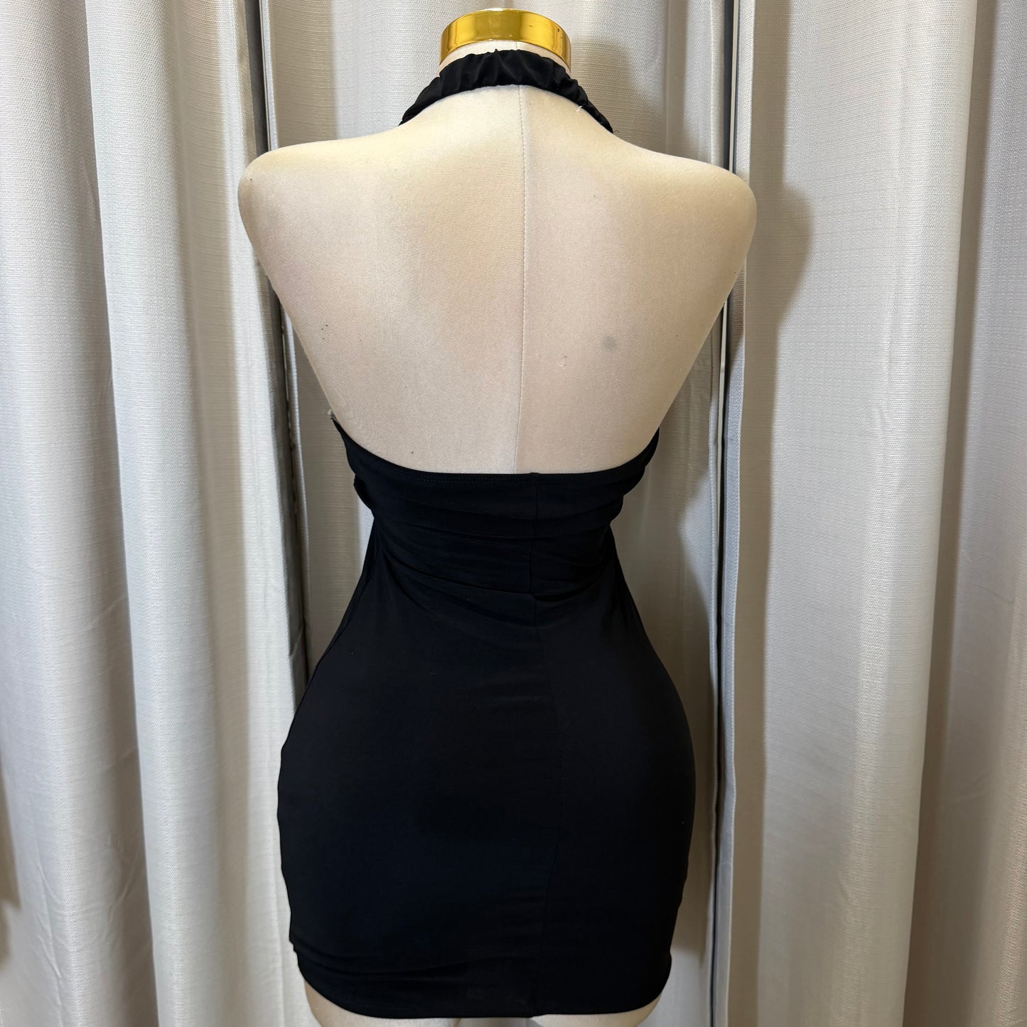 Halter Buckle Drape Mini Dress-Black