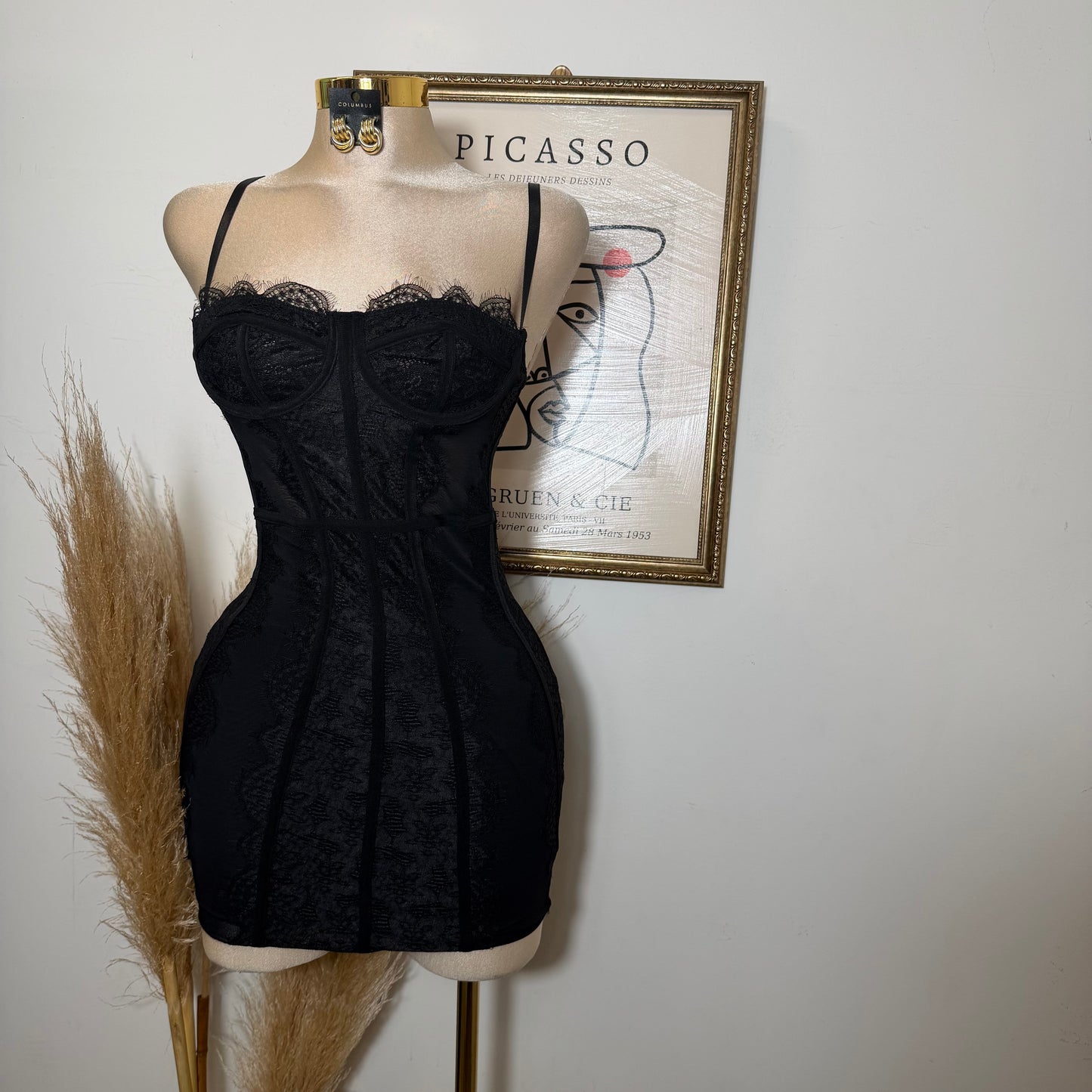 Lace Mesh Dress-Black