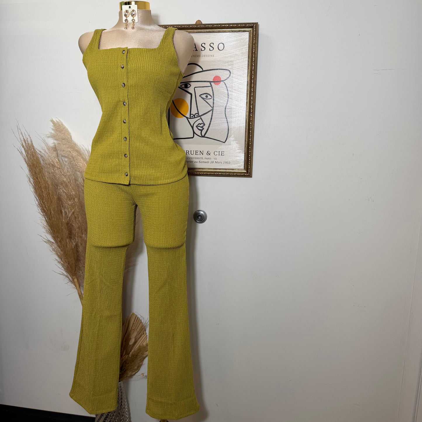 Square neck Vest & Flare Pant set-Green Olive