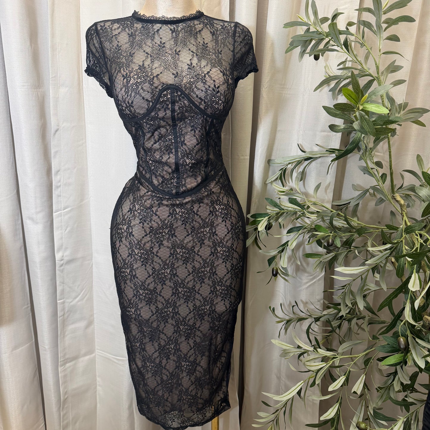 Lace Short Sleeve Midi Dress-Black