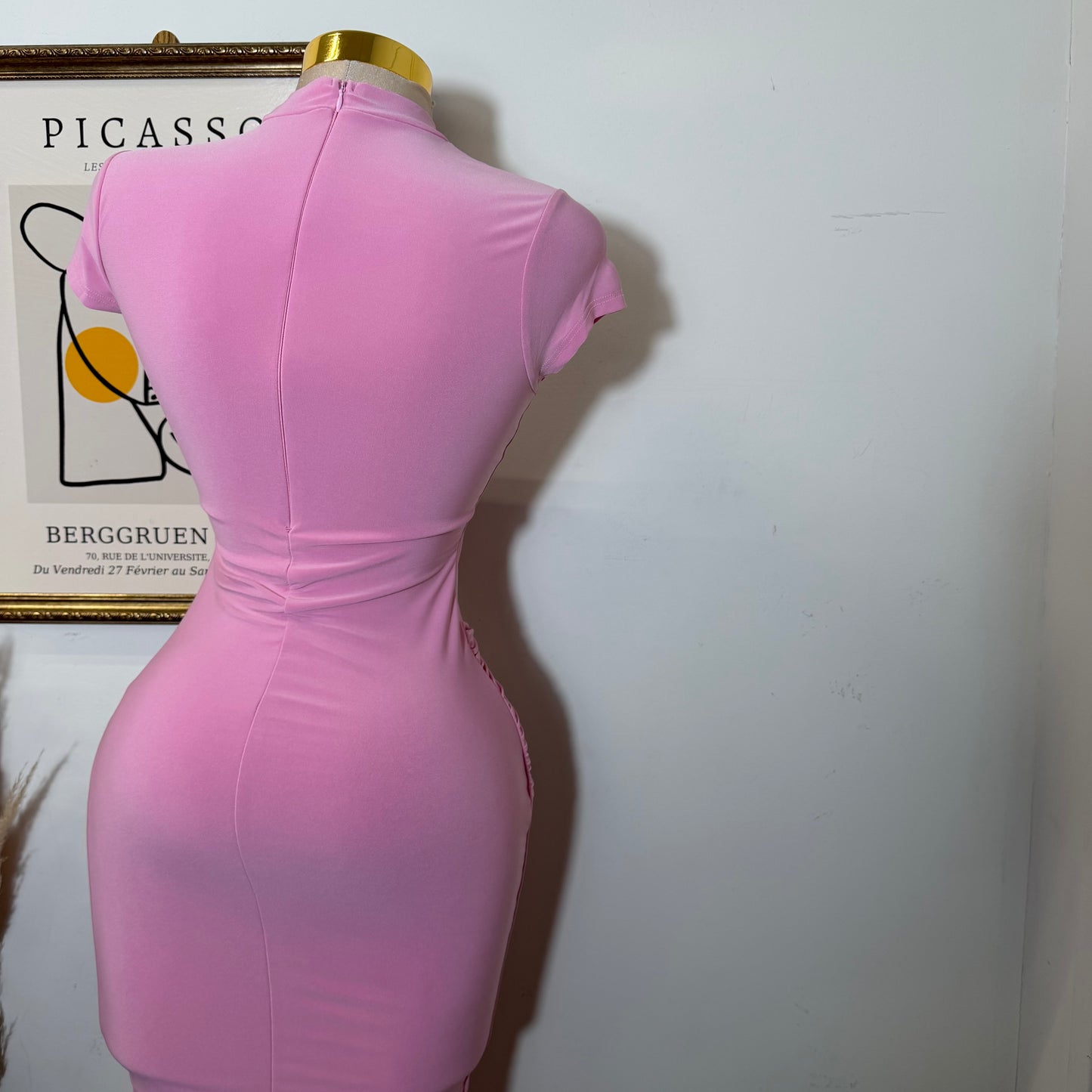 Shelf Gold Trim with Sash Detail Midi Dress-Pink