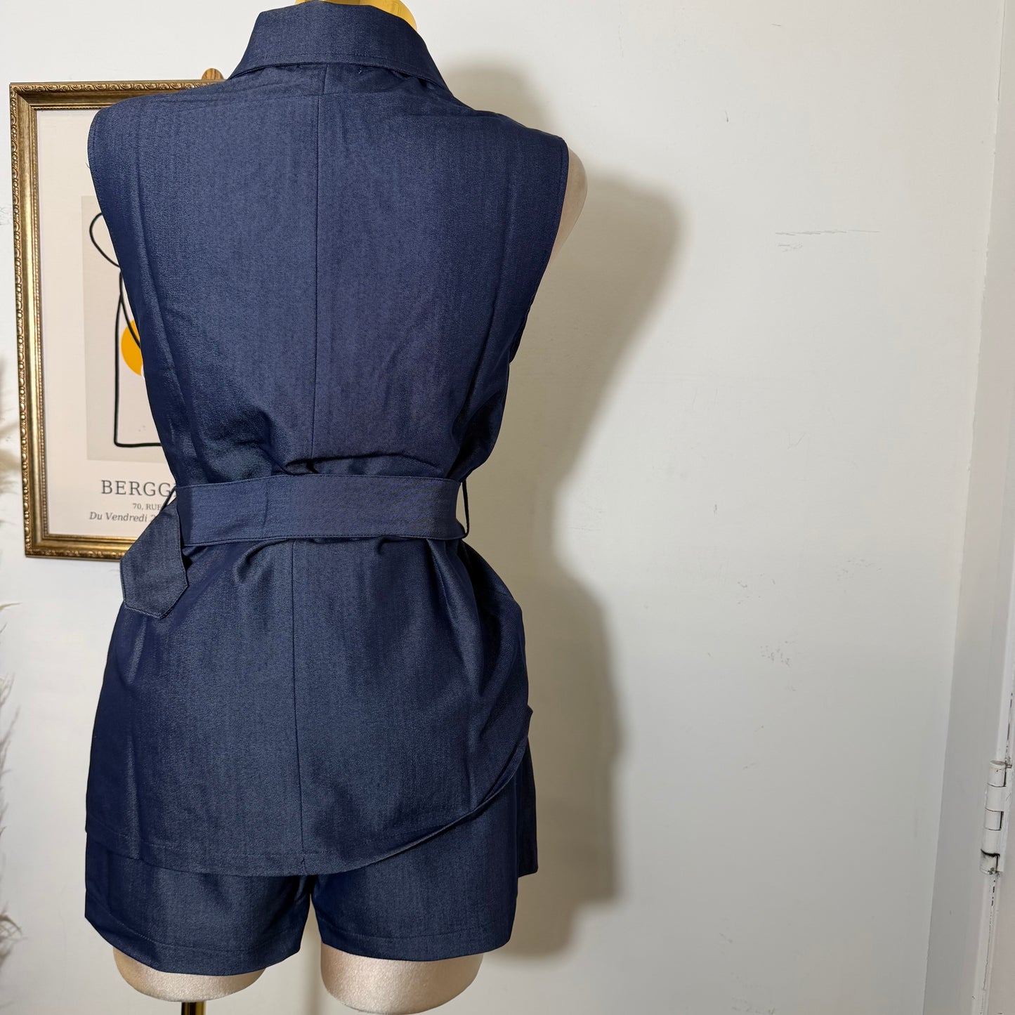 Denim Gold Buckle Belted Pocket Vest Skort Set-Dk Denim