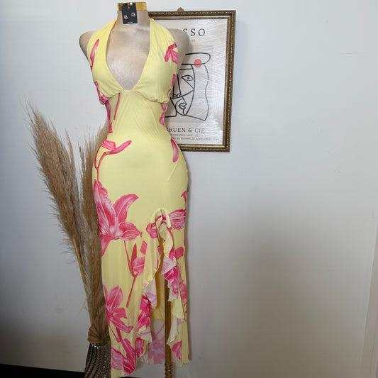 Halter Mesh Open Back Dress-Yellow Combo