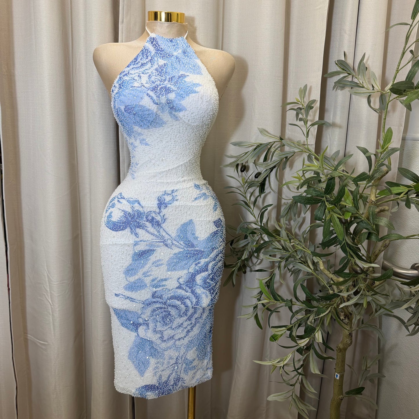 Halter Neck Open back Midi Dress-Blue/white