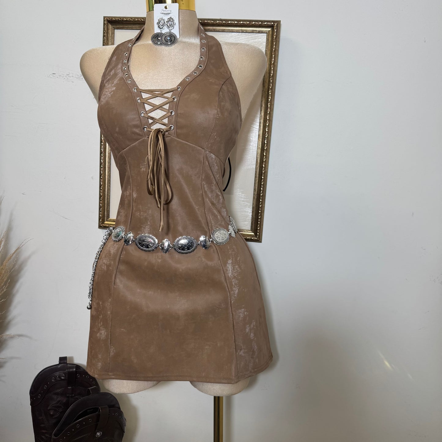 Front Gromment lace up Halter flare mini Dress-Camel