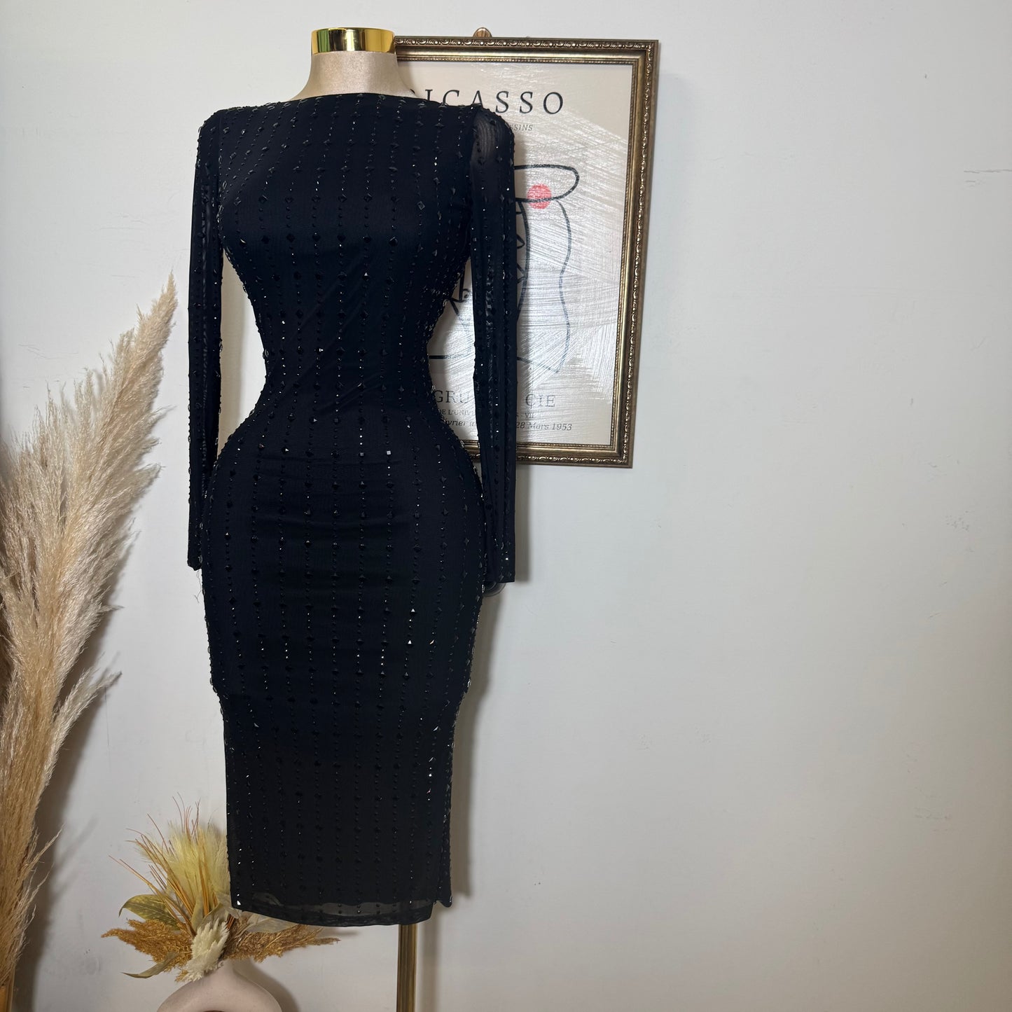 Square Rhinestone On Mesh Midi Dress-Black