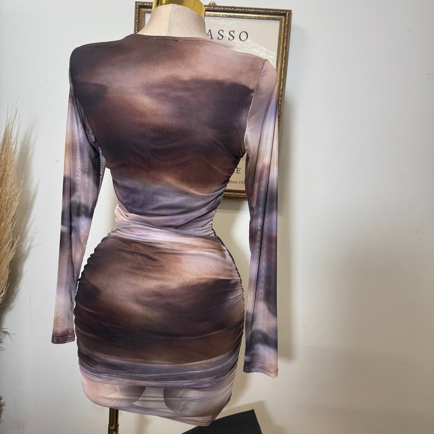 Multi Colored Mesh Long Sleeve Mini Dress-Brown Combo