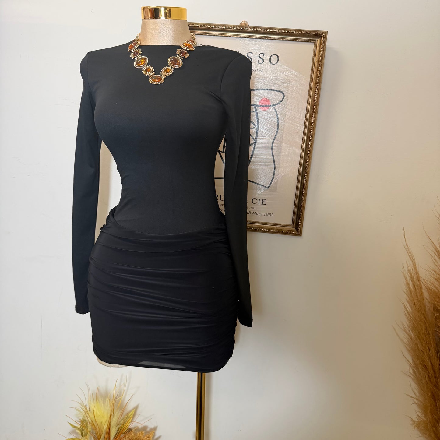 Mixed Media Long Sleeve Ruched Mini Dress-Black