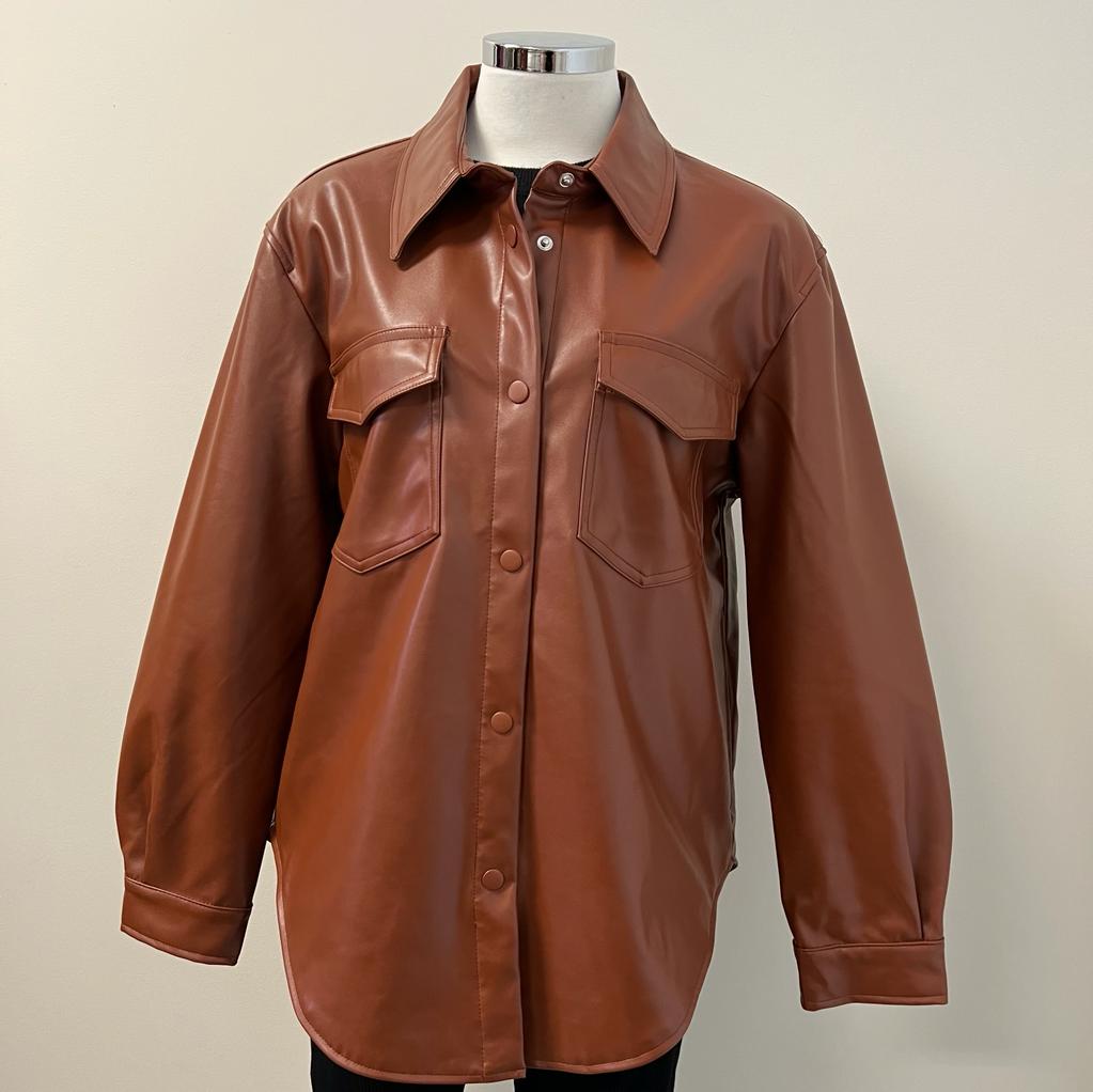 Jayla Button Down Leather Jacket PL-Brown