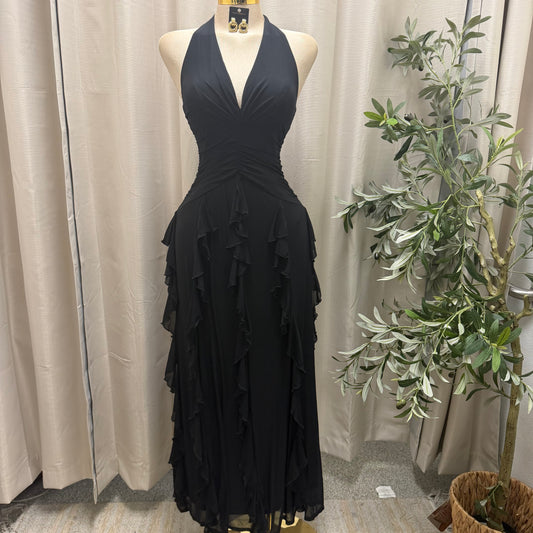 V-NECK HALTER CASCADE RUFFLE MAXI DRESS-Black