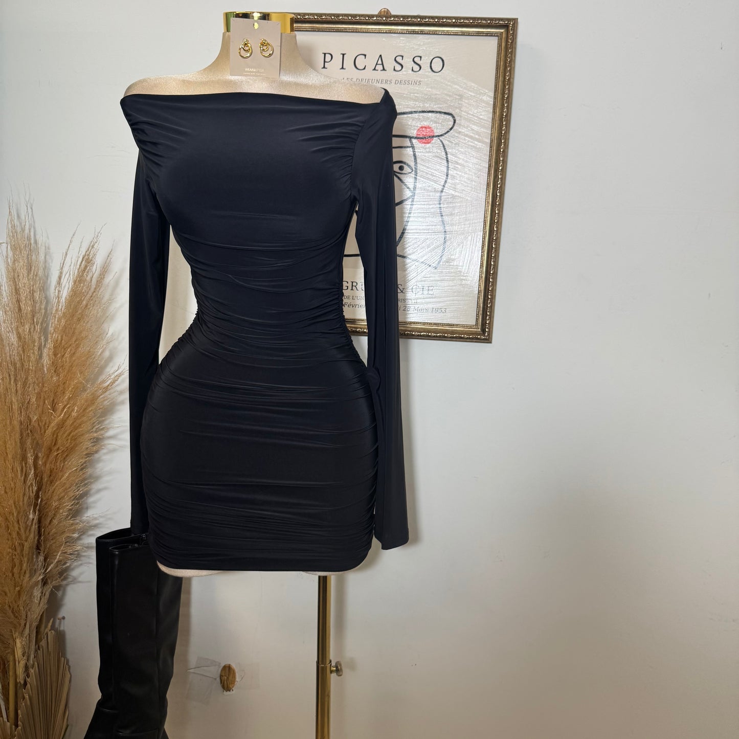 Long Bell Sleeve Boat Neckline Mini Dress-Black