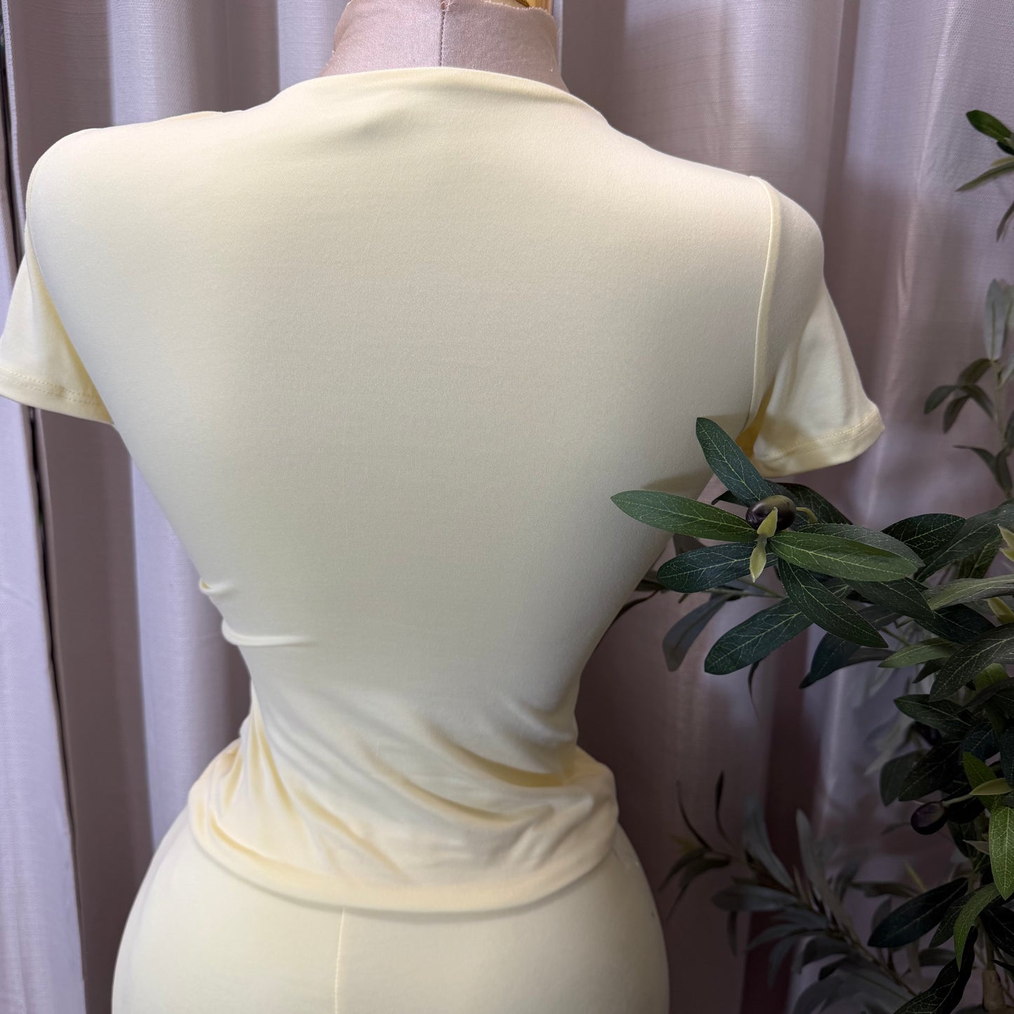Short Sleeve Round neck Solid Basic Top-Light yellow