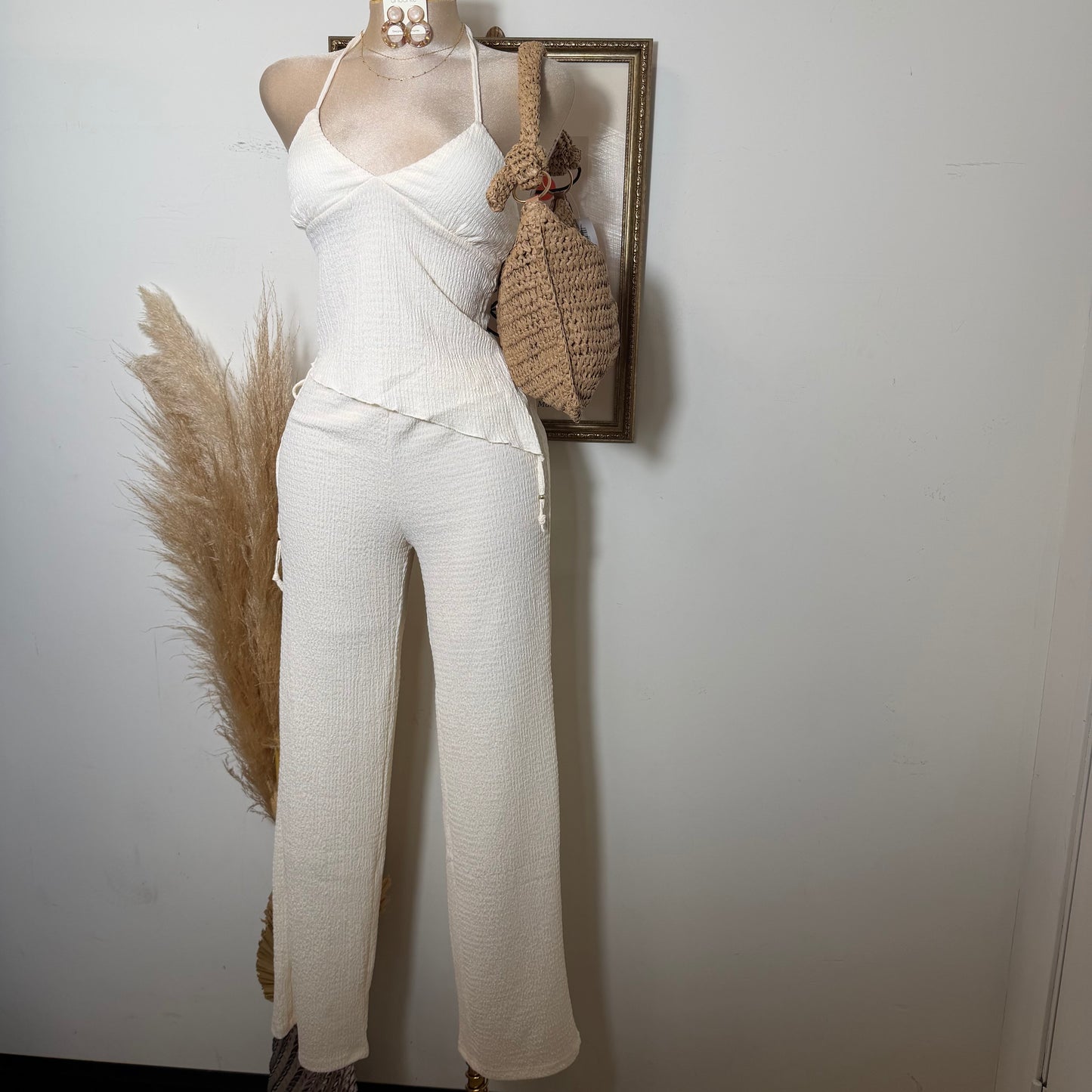 Asymmetrical hem Halter Top Wide leg Set-Ivory