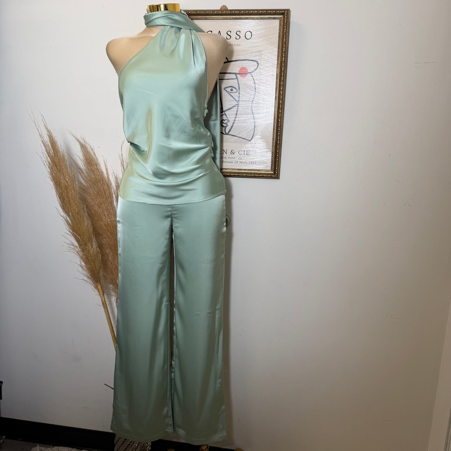 Satin Asymmetrical Scarf Halter Rcuhed Top Zipper Pants set