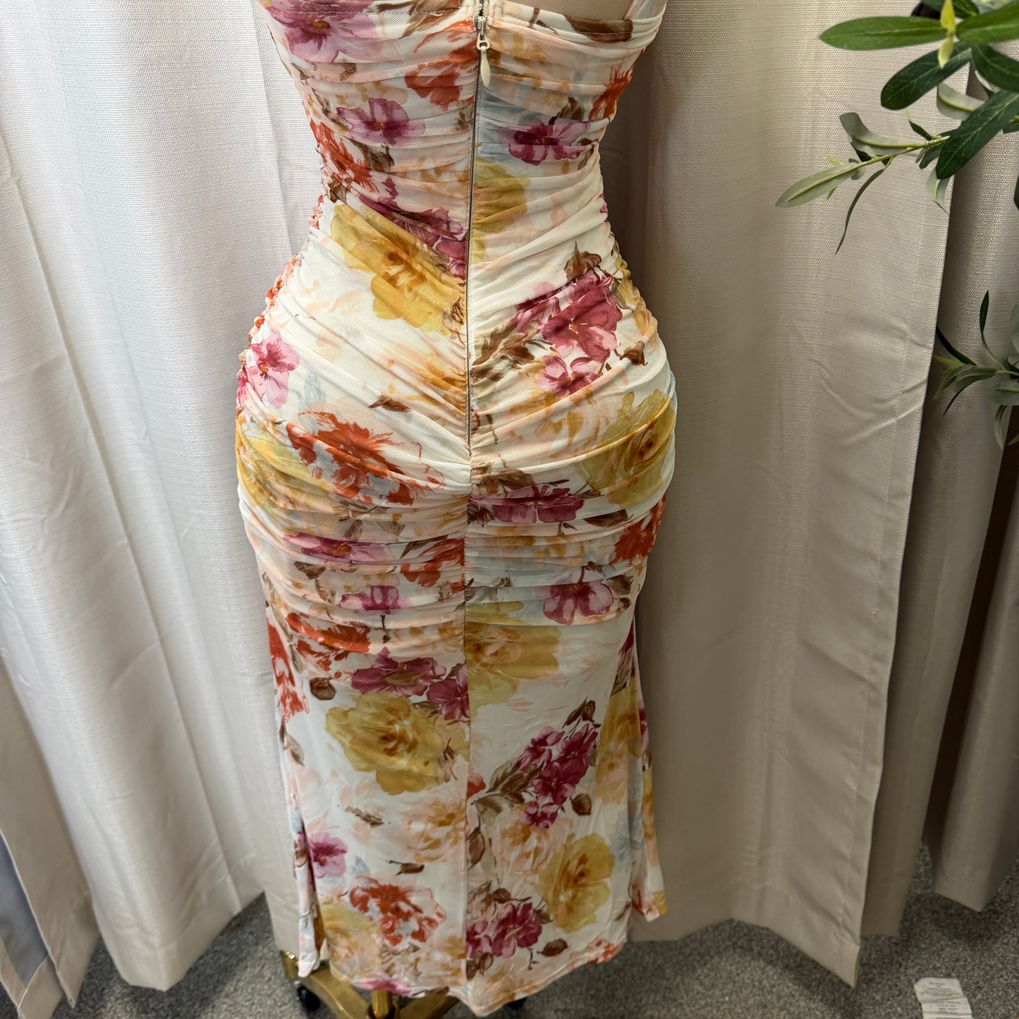 Mesh Flower Print Midi Dress-Pink/Cream/Multi
