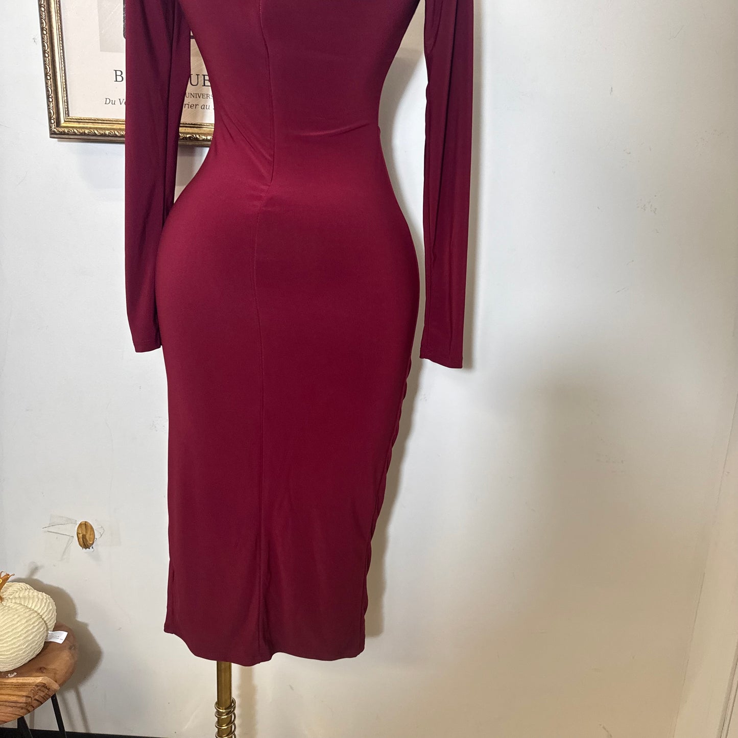 Mock Neck Ruffle Midi Dress-Wine