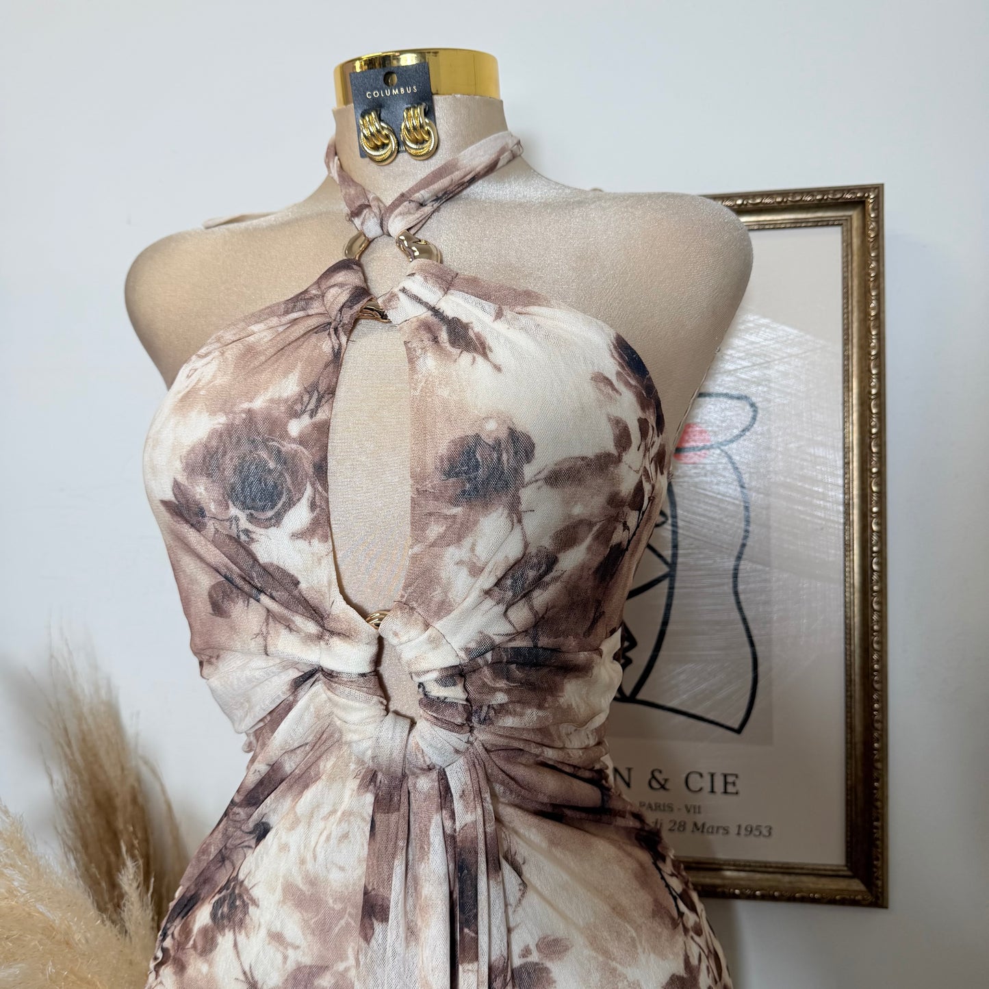 HalterNeck Print Midi Dress-Brown Floral