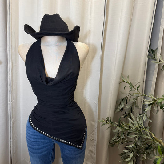 Cowl Neck Halter Ruched Top-Black