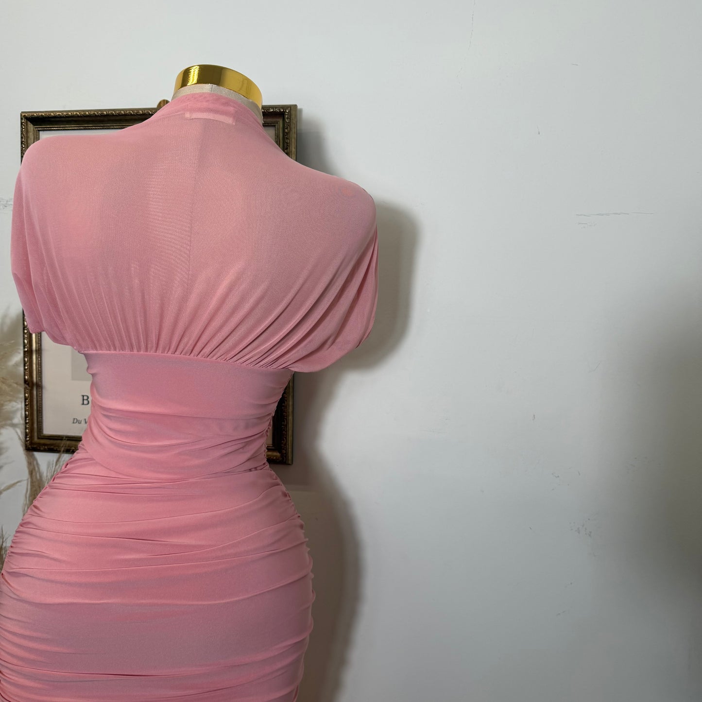 Mesh & Knit Mix Long Dress-Pink