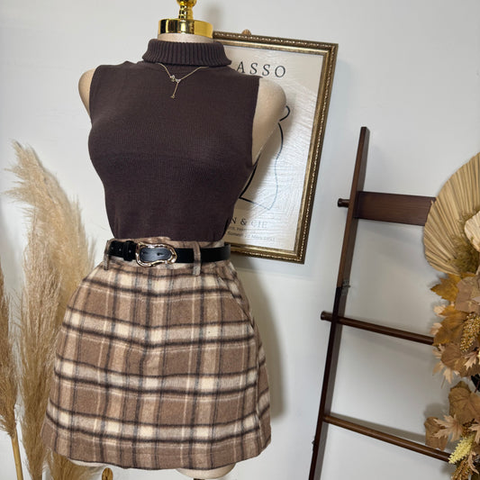 Brushed Plaid Mini Skirt-Khaki/Cream