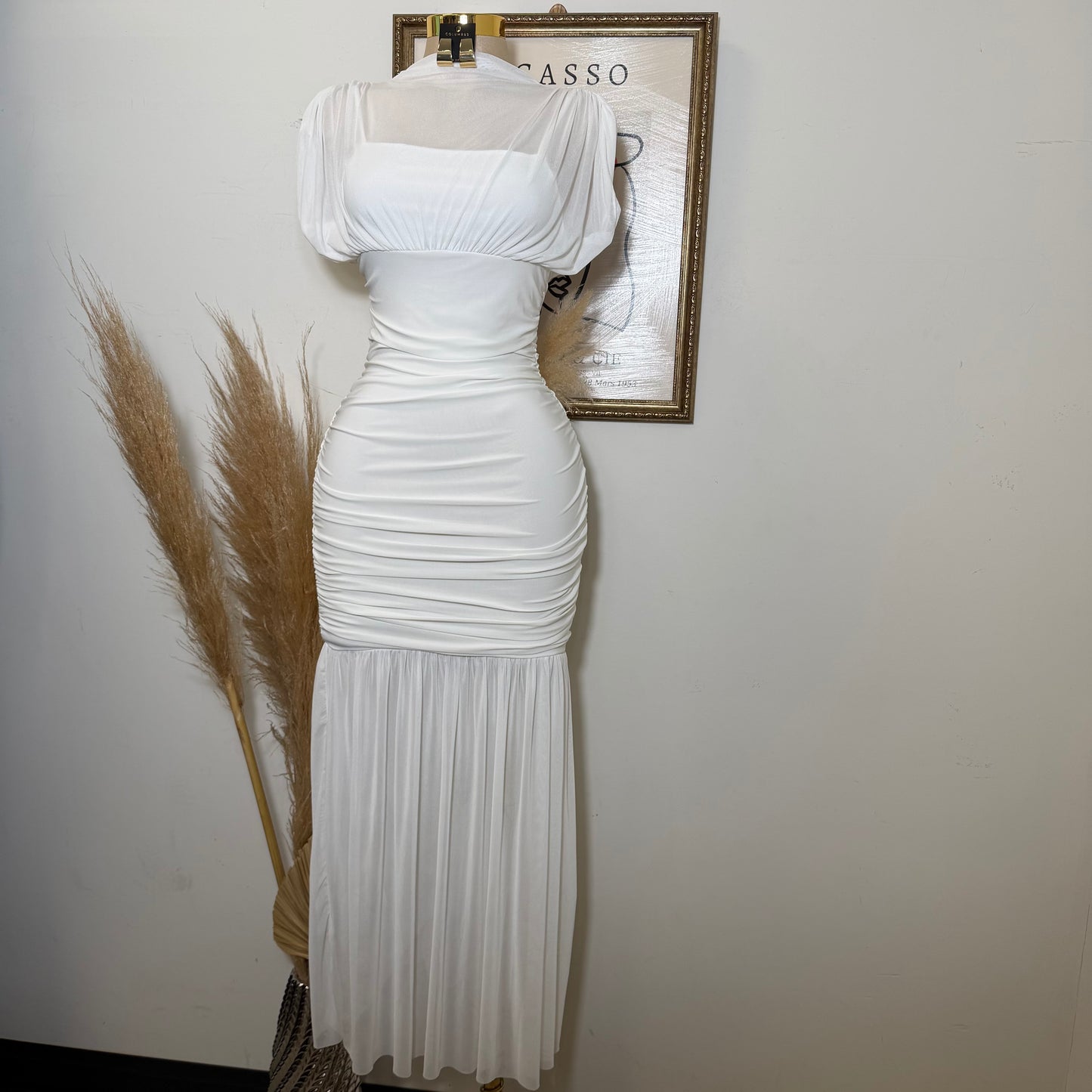 Mesh & Knit Mix Long Dress-Ivory