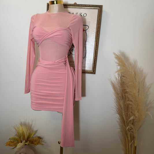Solid Fabric with Mesh Match Mini Dress-Pink