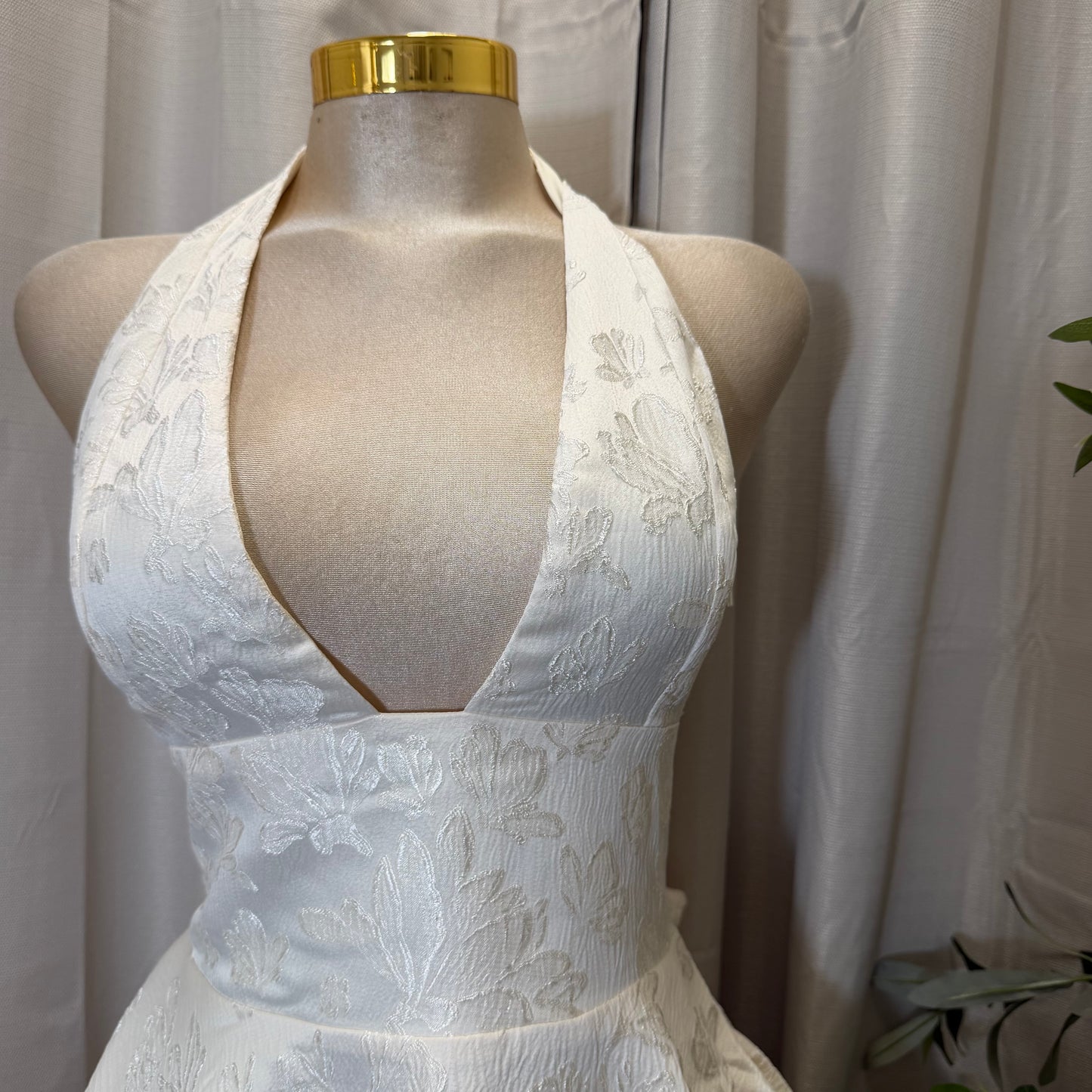 Satin Jacquard Halter neck Mini Dress-Ivory