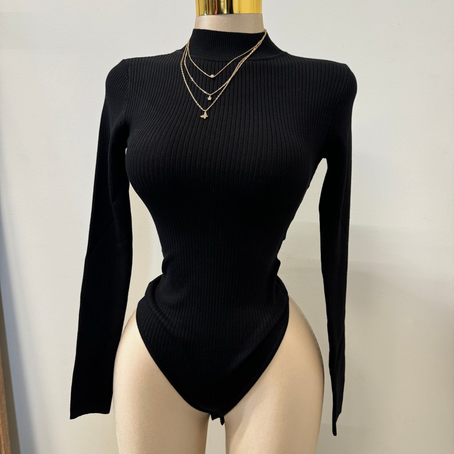 High Neck Long Sleeve Ribbed Knit Bodysuit-Black